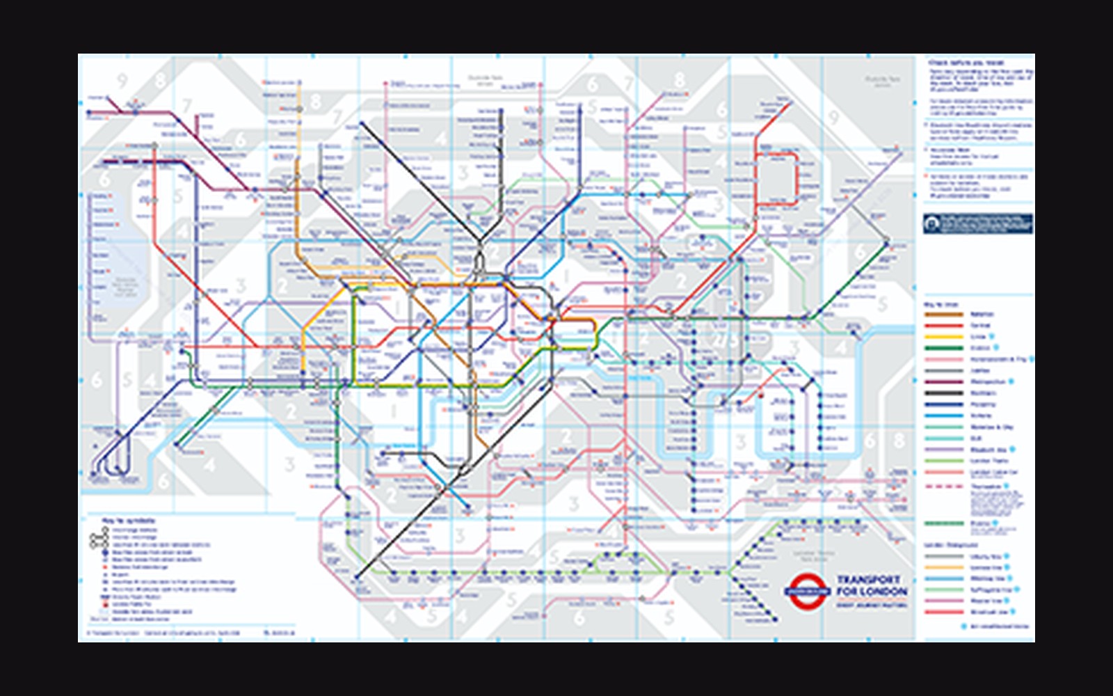 The Transport for London tube map showing colour-coded lines, stations and zones across the network