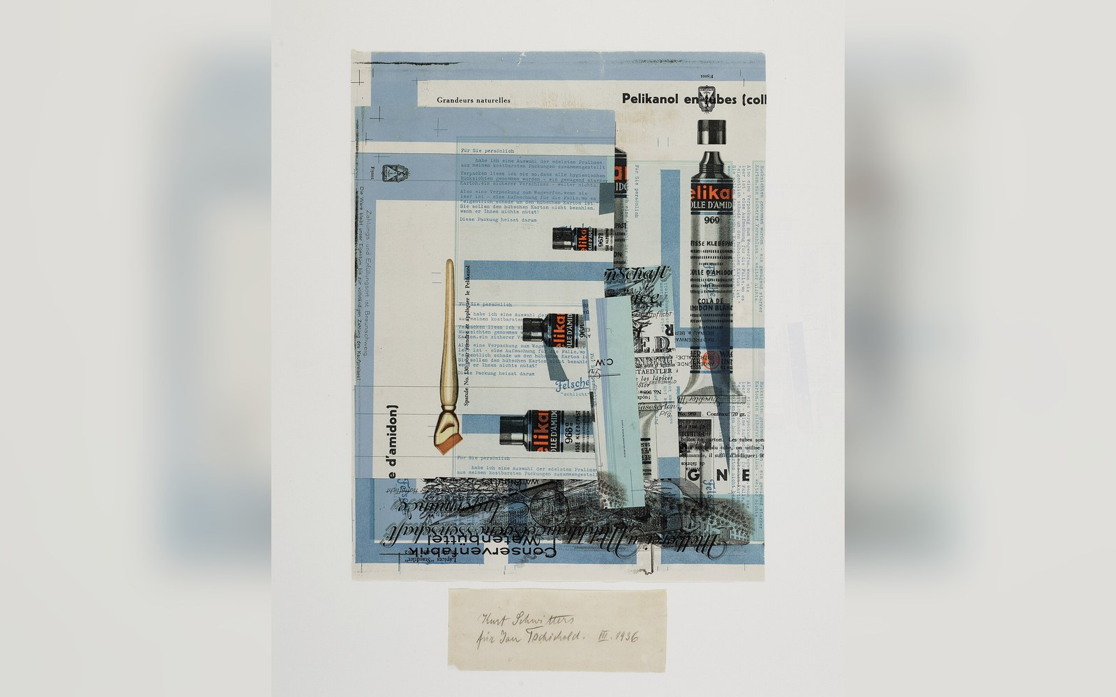 Collage of Pelikan glue advertisements and typography clippings with a paintbrush