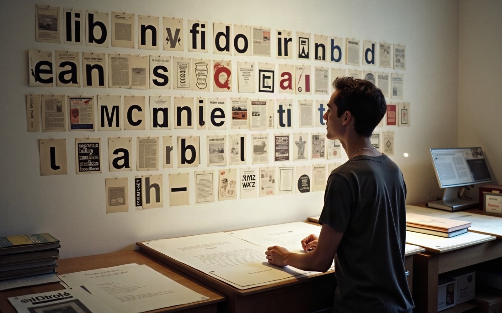 A man studies a wall covered with large printed letters and magazine pages at a display desk