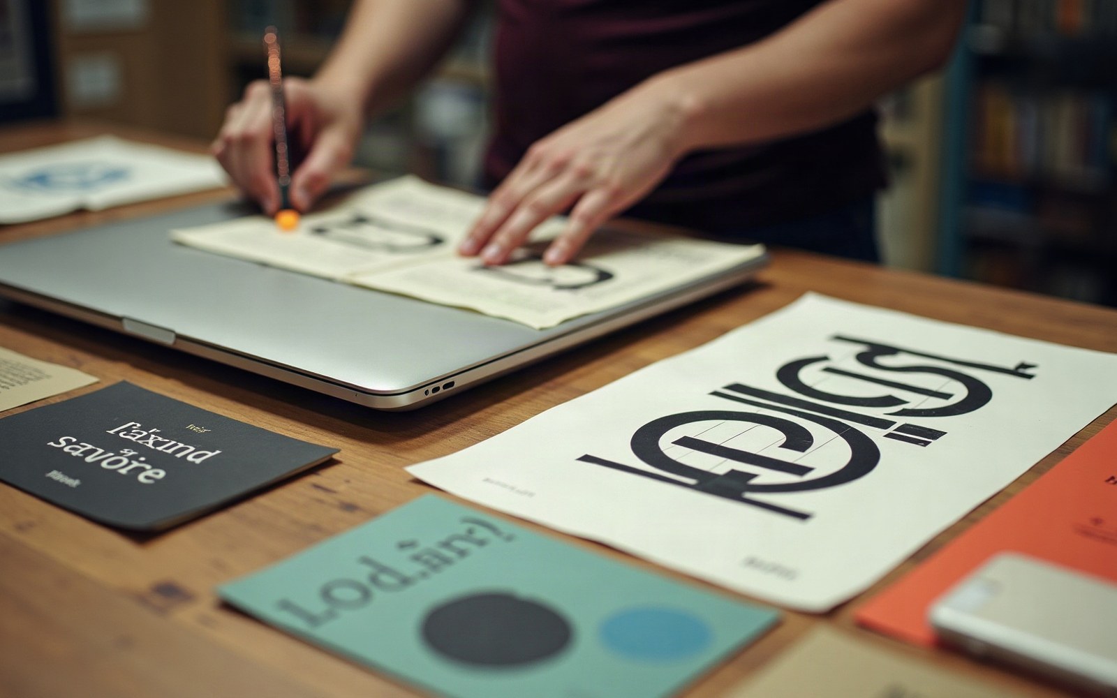 Hand sketching letterforms in an open book beside laptop and printed typography designs