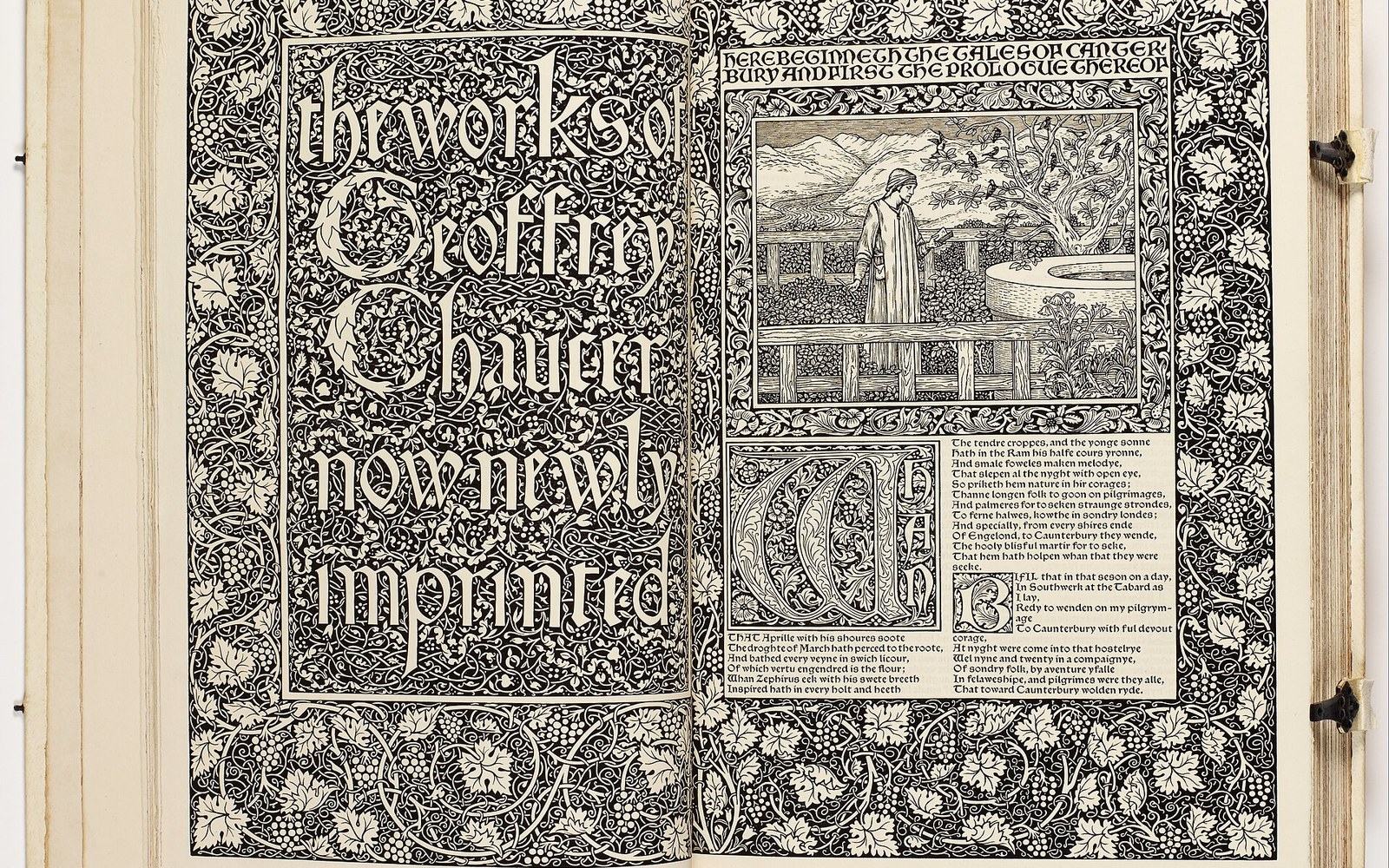 Open book showing an ornate title page and illustrated Canterbury Tales prologue with floral borders