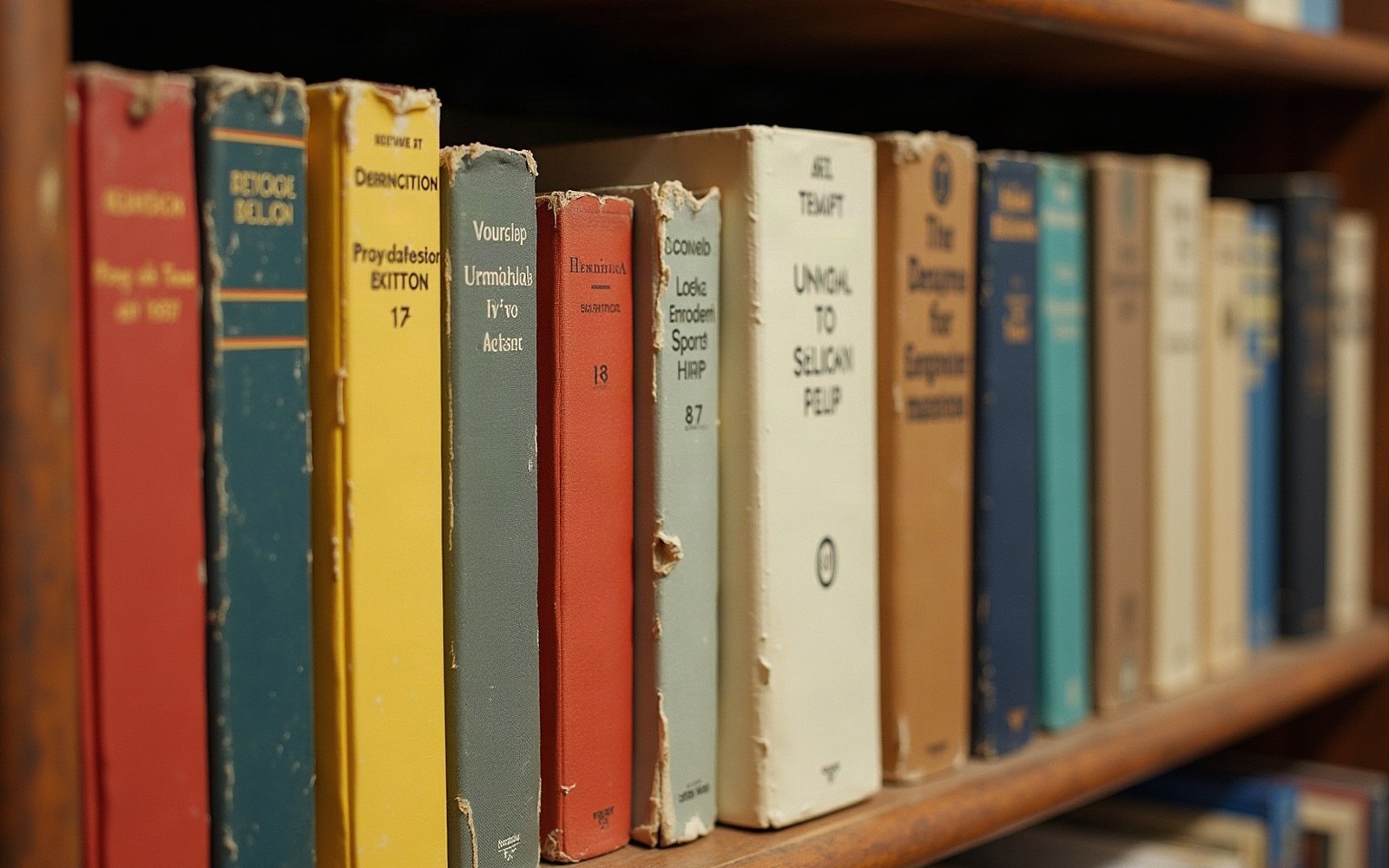Rows of worn hardcover books with faded spines lined up on a wooden shelf
