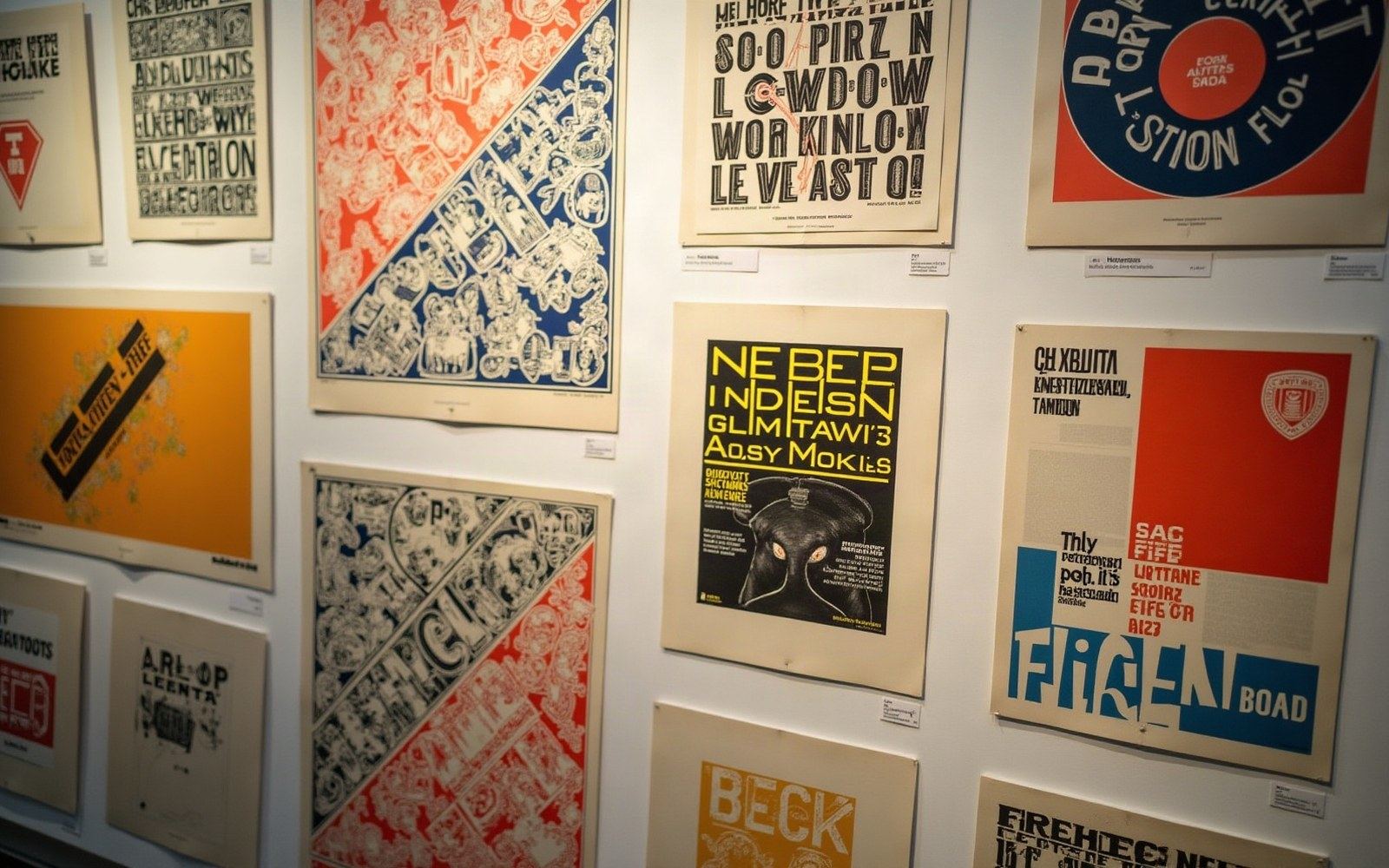 Colorful vintage graphic design posters with bold typography displayed on a gallery wall