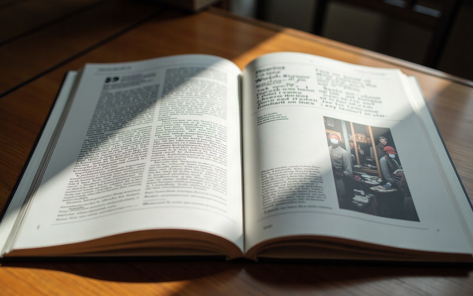 An open magazine on a wooden table with sunlight streaking across the printed pages
