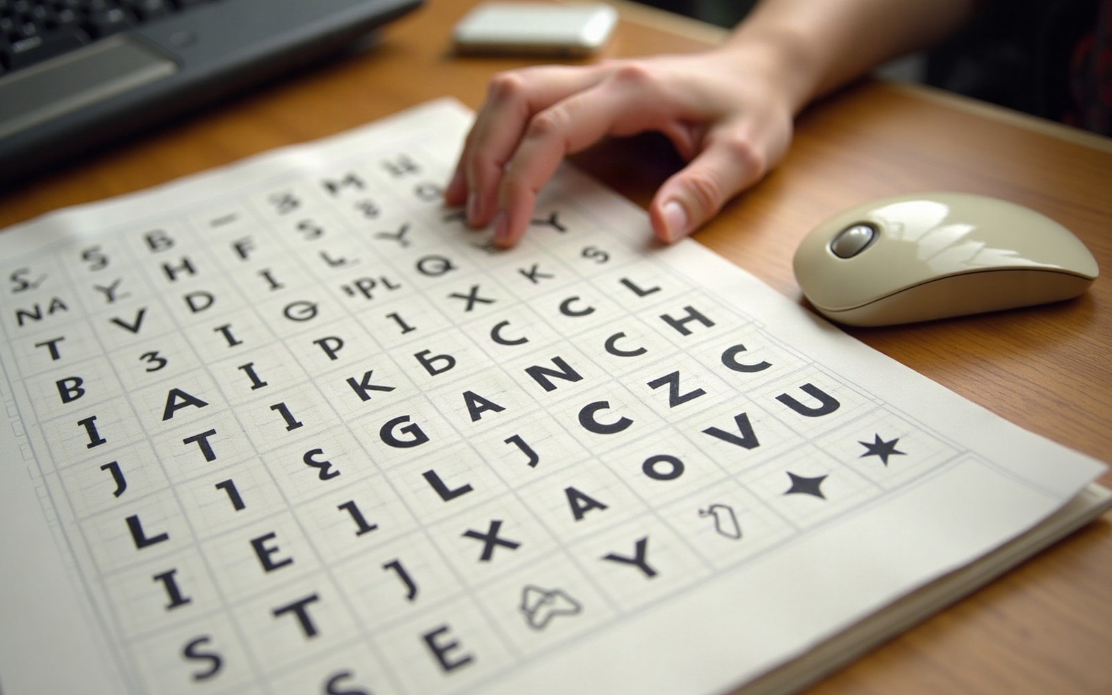 A hand points to a printed grid of mixed letters and symbols beside a computer mouse