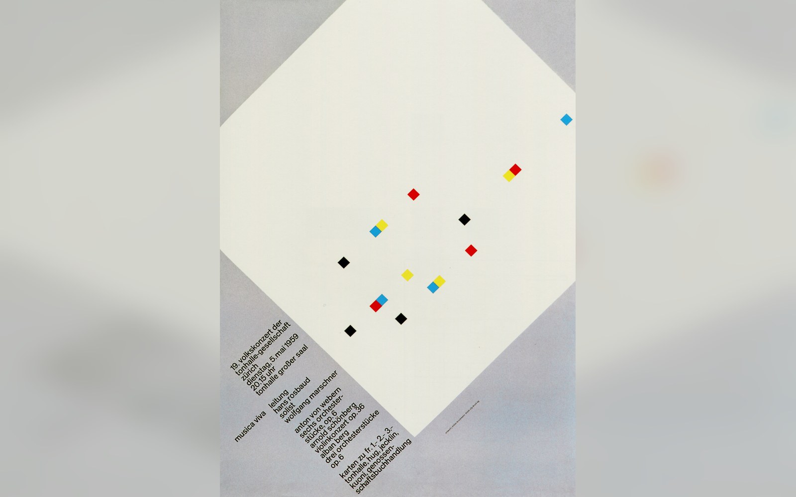 A Müller-Brockmann Musica Viva concert poster pinned to a white render wall, shot at slight angle, full poster visible